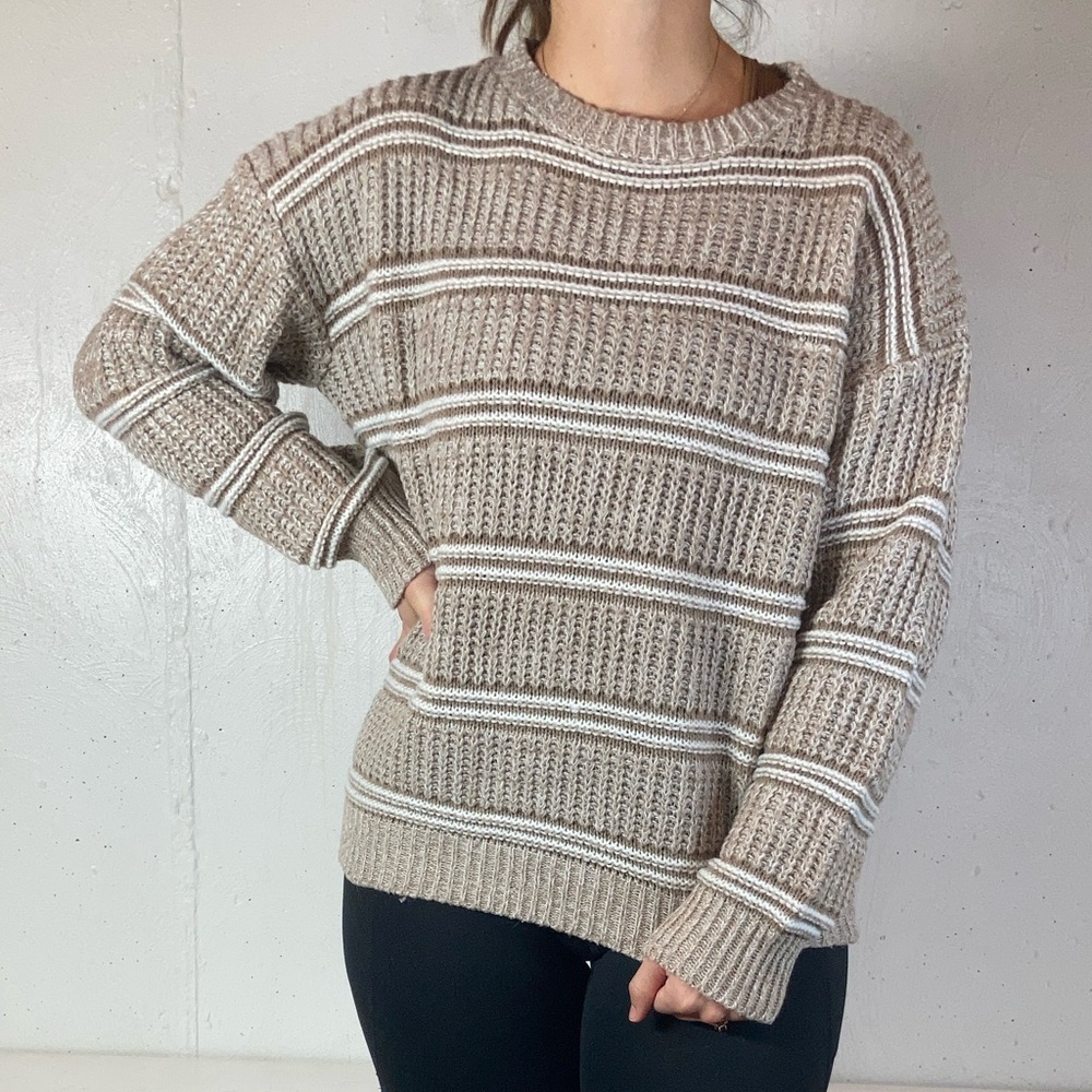 Chunky Tan + Cream Crewneck Knit Striped Sweater